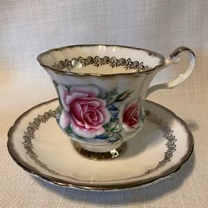Vintage Windsor Bone China Tea Cup & Saucer Roses with Silver Accents
